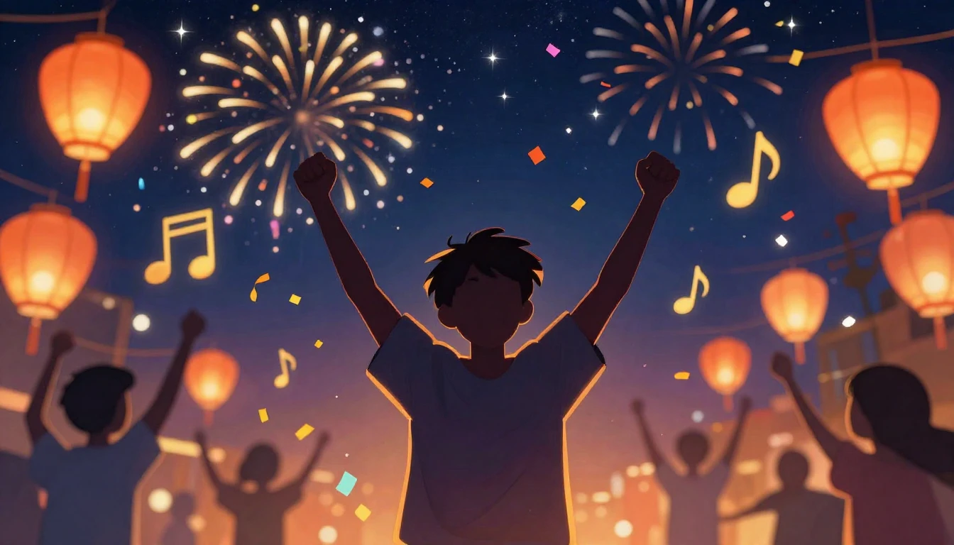 A vibrant digital art illustration depicting a joyous night ...