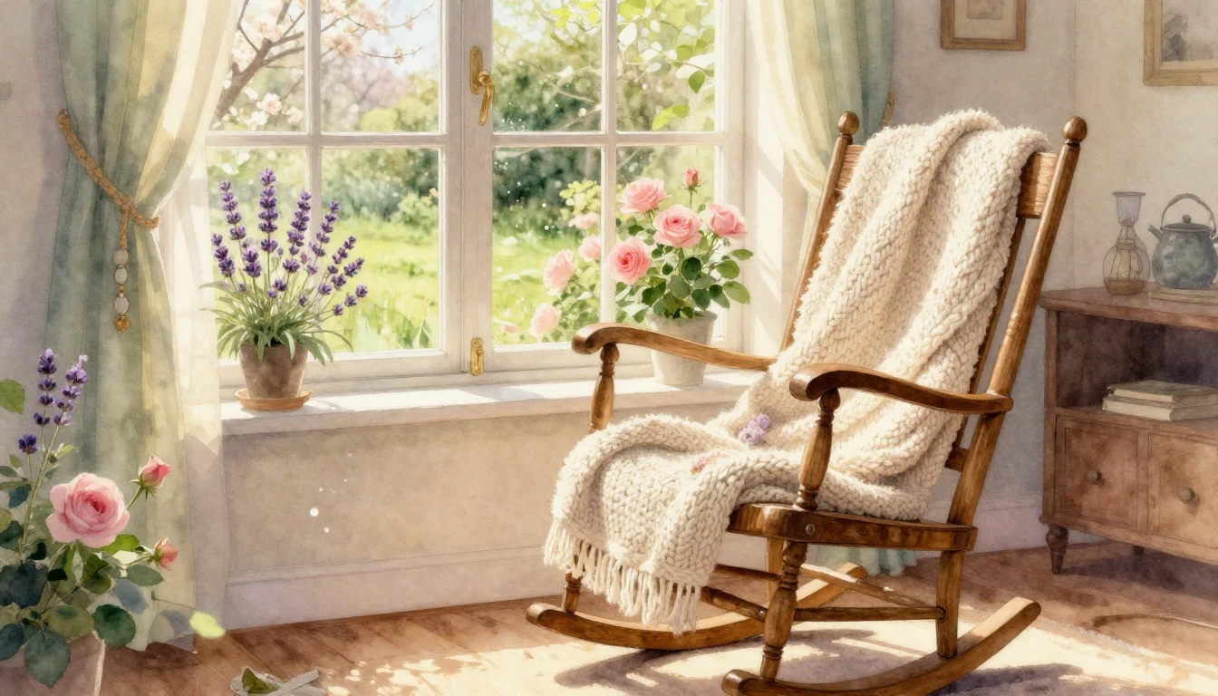 A beautiful watercolor painting of a cozy sunlit living room...