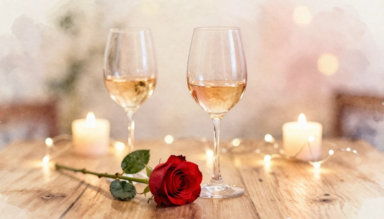 A delicate watercolor painting of two elegant wine glasses s...