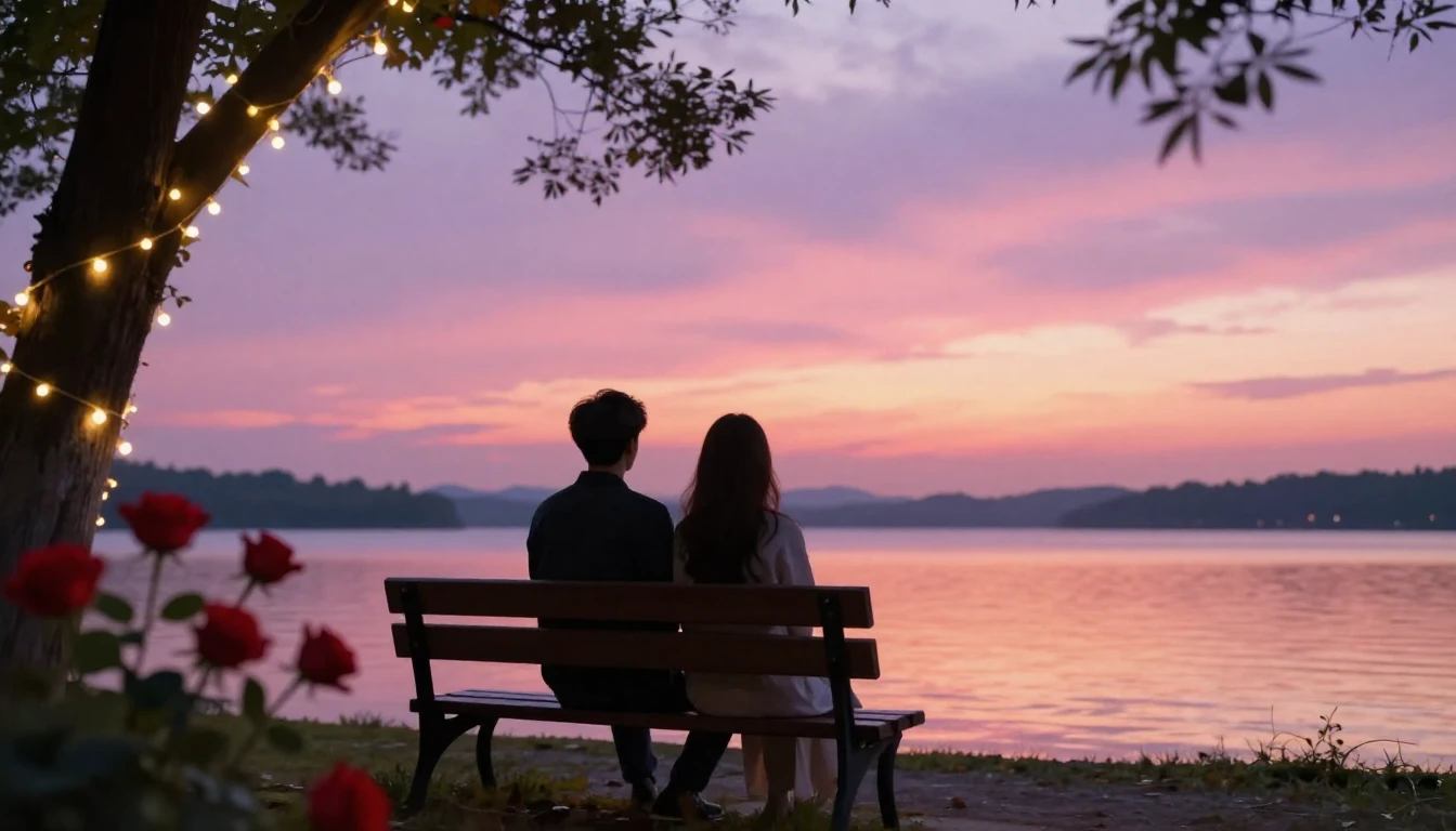 A romantic and soft composition showing two silhouettes sitt...