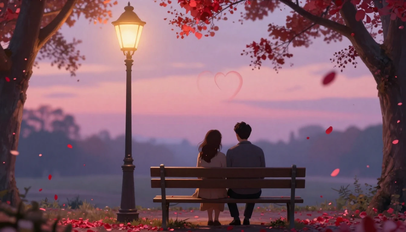 A romantic and soft composition depicting a couple sitting o...