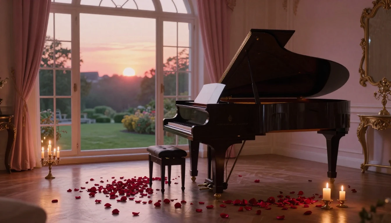 A breathtaking scene of a quiet, elegant room at dusk. A gra...