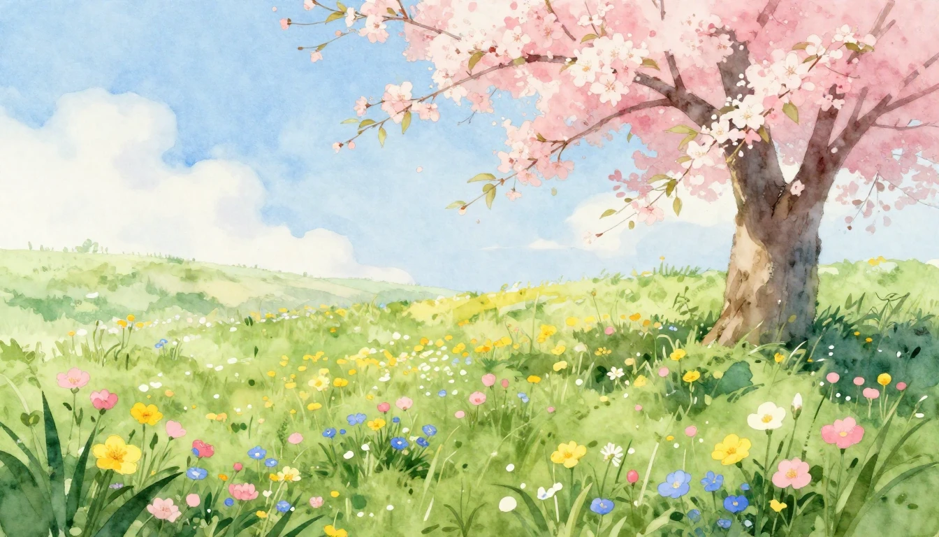 A beautiful watercolor painting of a lush green meadow fille...