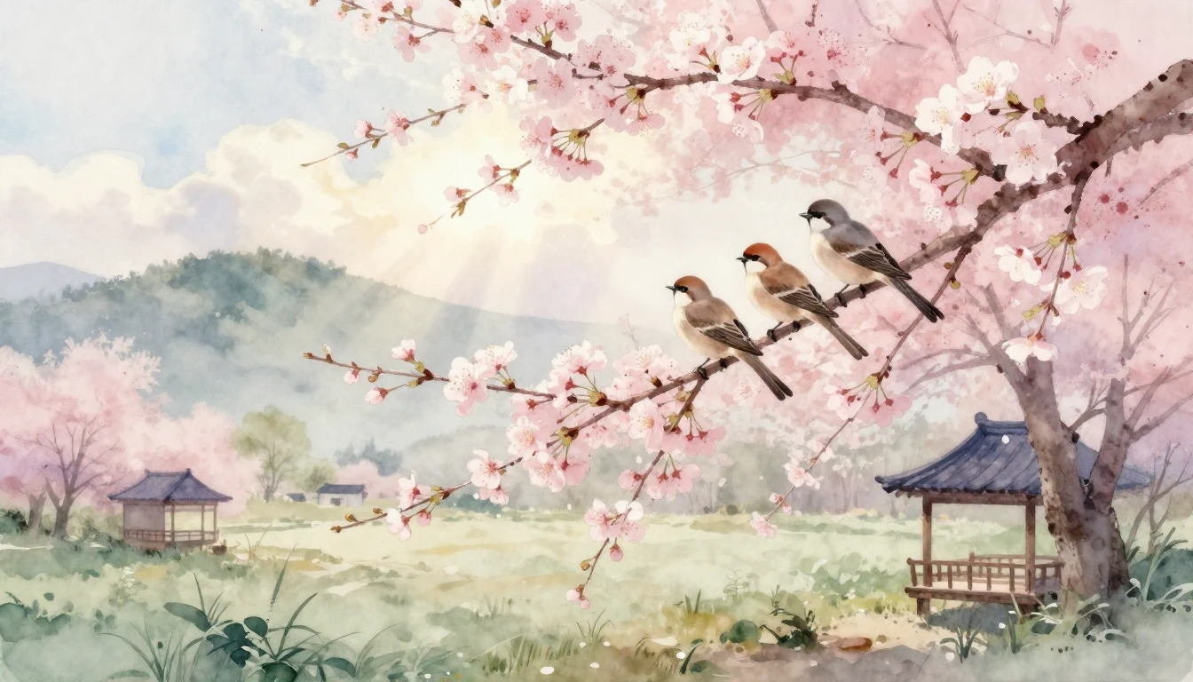 A delicate watercolor painting of a serene landscape in earl...