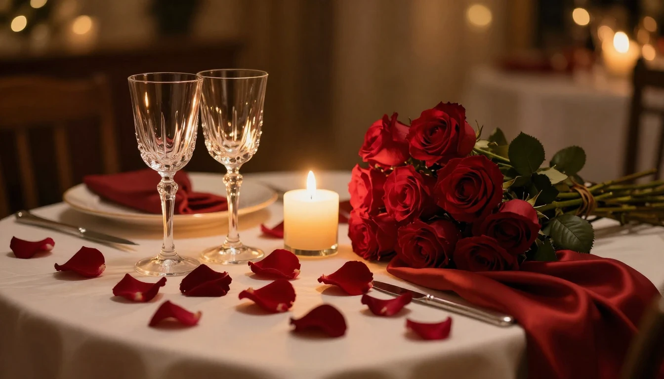 A high-end romantic setting featuring a beautifully set tabl...