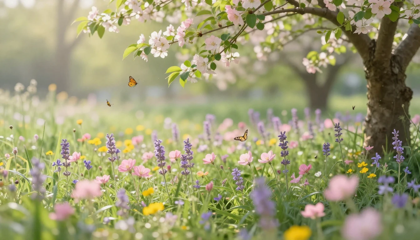 A lush, vibrant meadow filled with blooming wildflowers in s...
