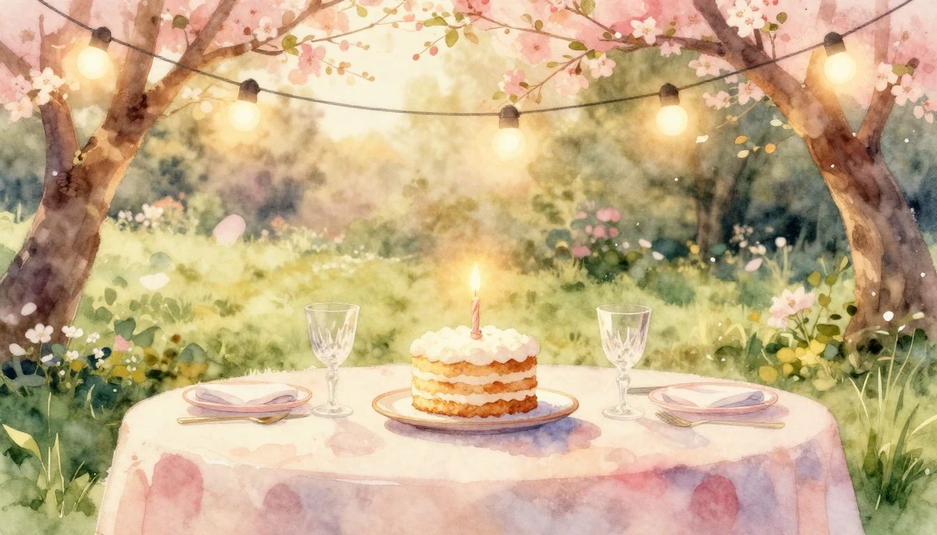 A soft watercolor painting of a festive outdoor table set in...