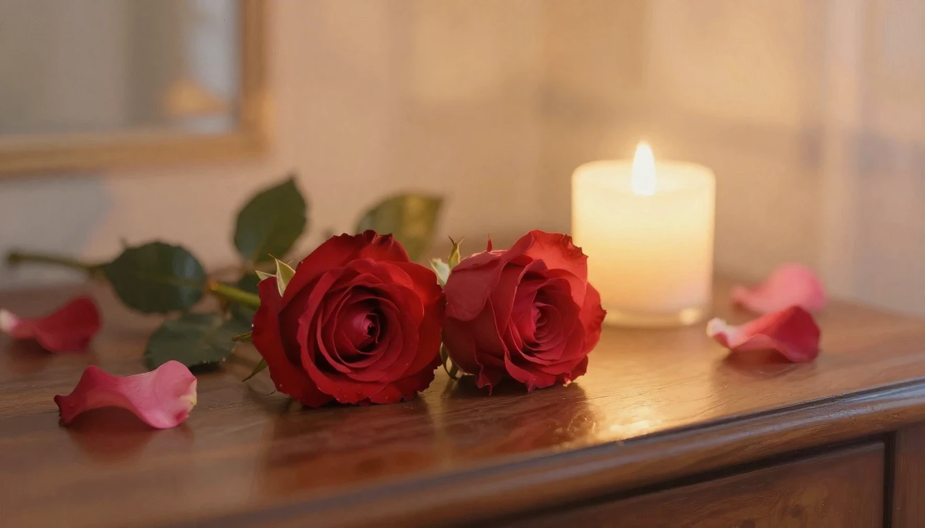 A delicate and ethereal scene featuring two intertwined red ...