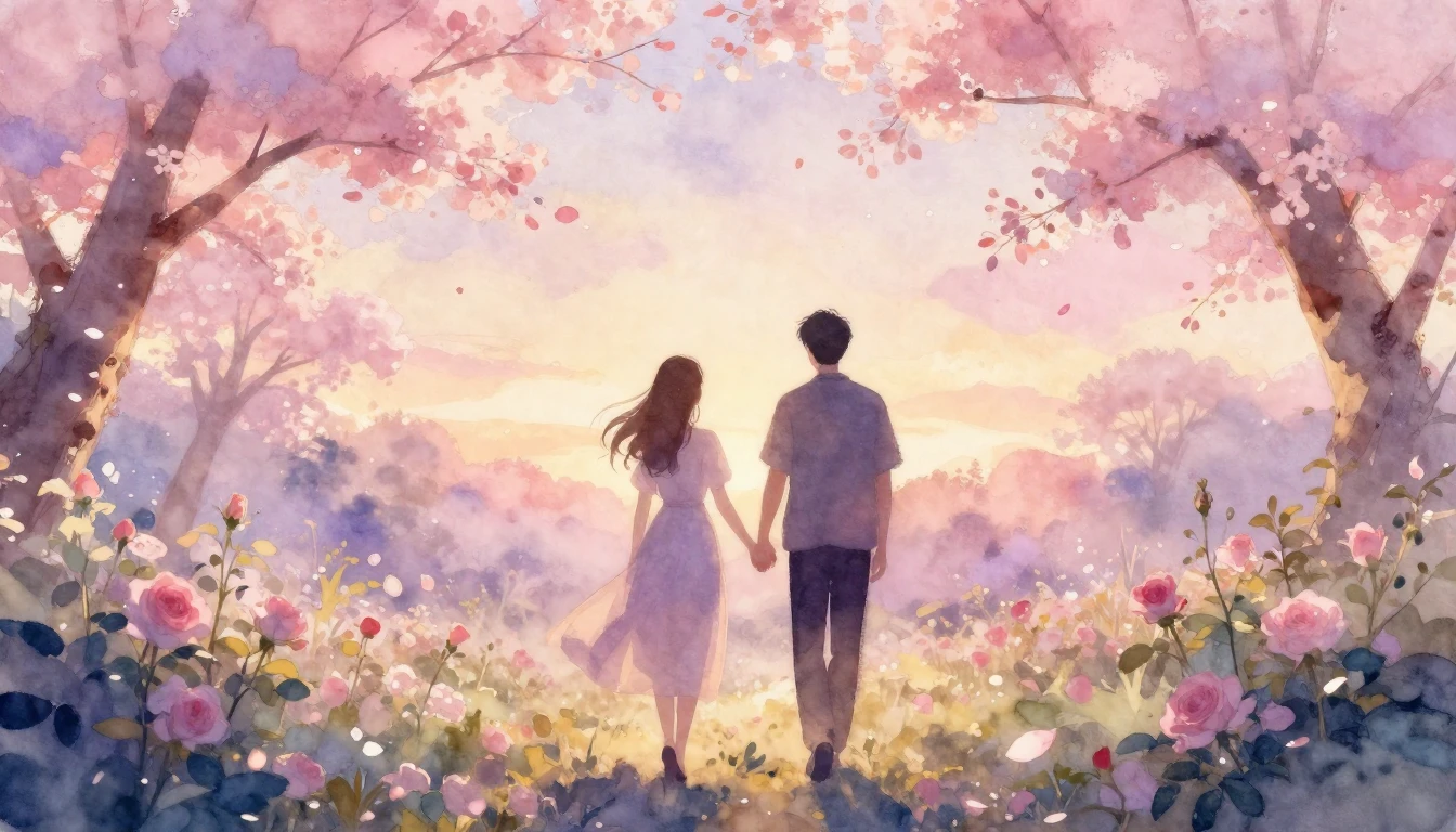 A dreamy watercolor painting of two silhouettes walking hand...