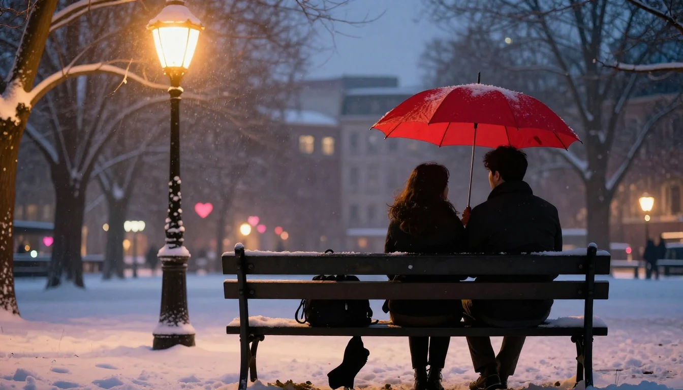 A romantic scene featuring two silhouettes holding hands on ...