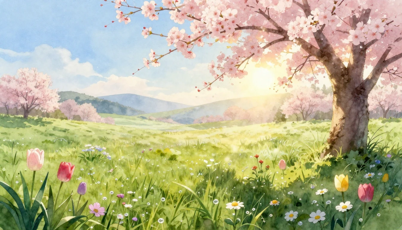 A breathtaking watercolor painting of a lush green meadow at...