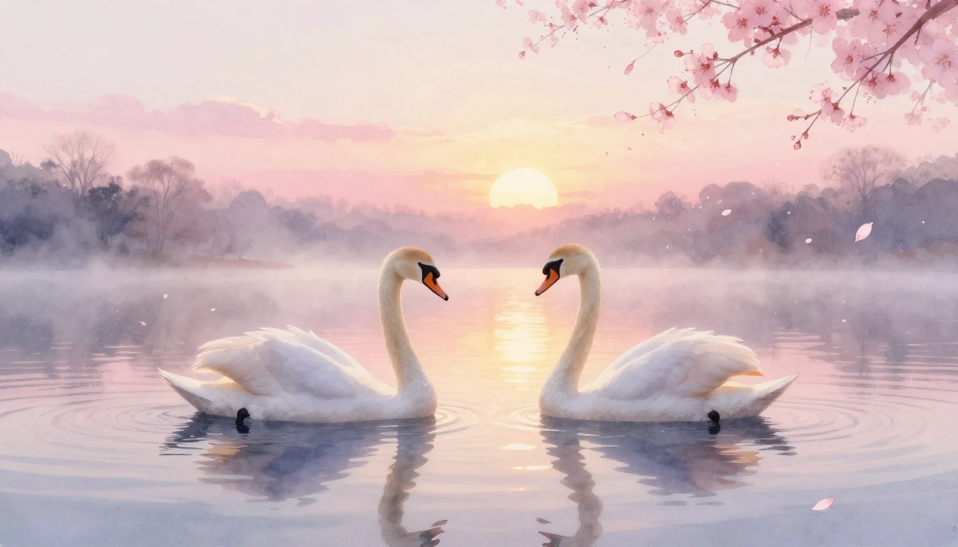 A dreamy watercolor painting of two elegant swans gliding on...