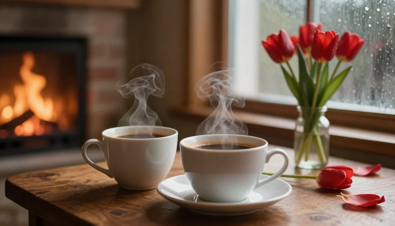 A romantic and cozy close-up scene of two cups of steaming c...