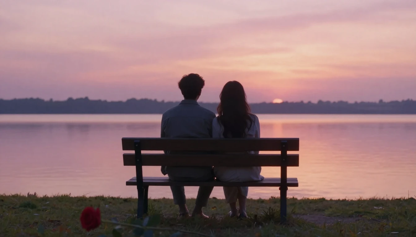 A soft and dreamy romantic scene featuring a silhouette of a...