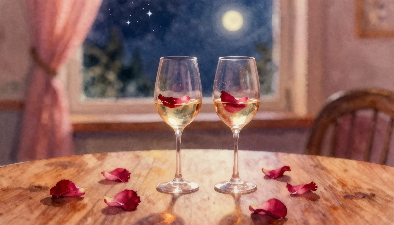 A dreamy watercolor painting of two elegant wine glasses sit...