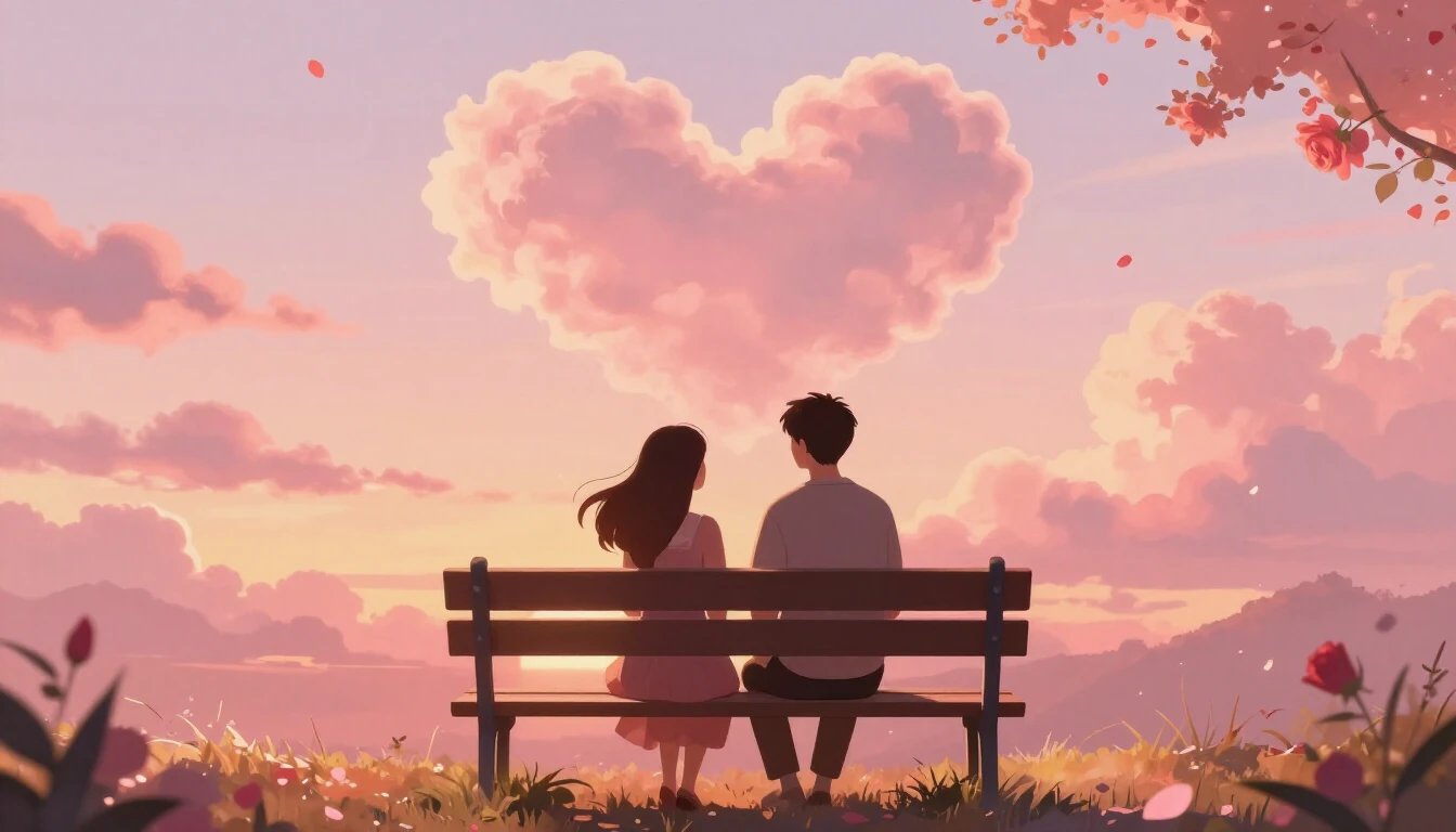A romantic illustration of a couple sitting on a bench in a ...