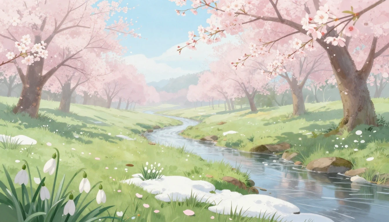 A serene landscape depicting the early arrival of spring. So...