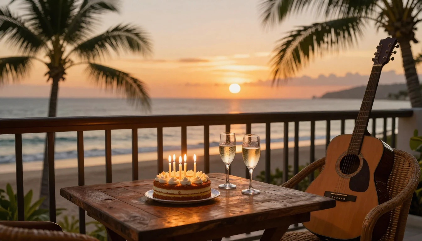 A warm and inviting birthday scene set on a balcony overlook...