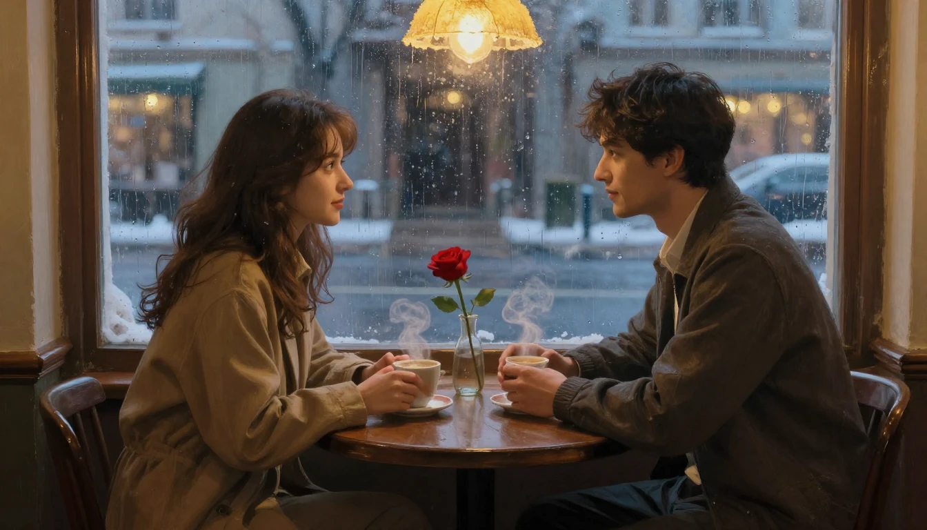 A romantic and intimate scene inside a cozy vintage café, vi...