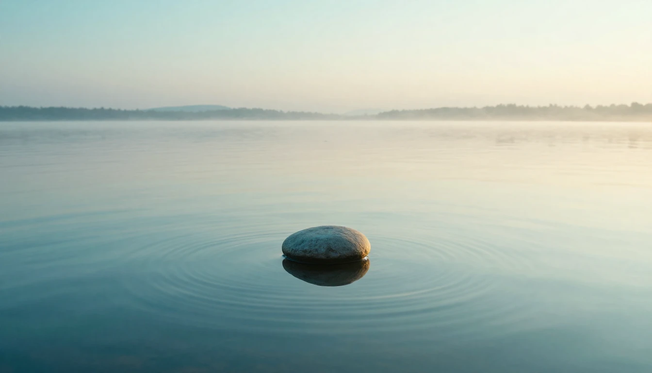 A serene landscape featuring a calm, mirror-like lake at daw...