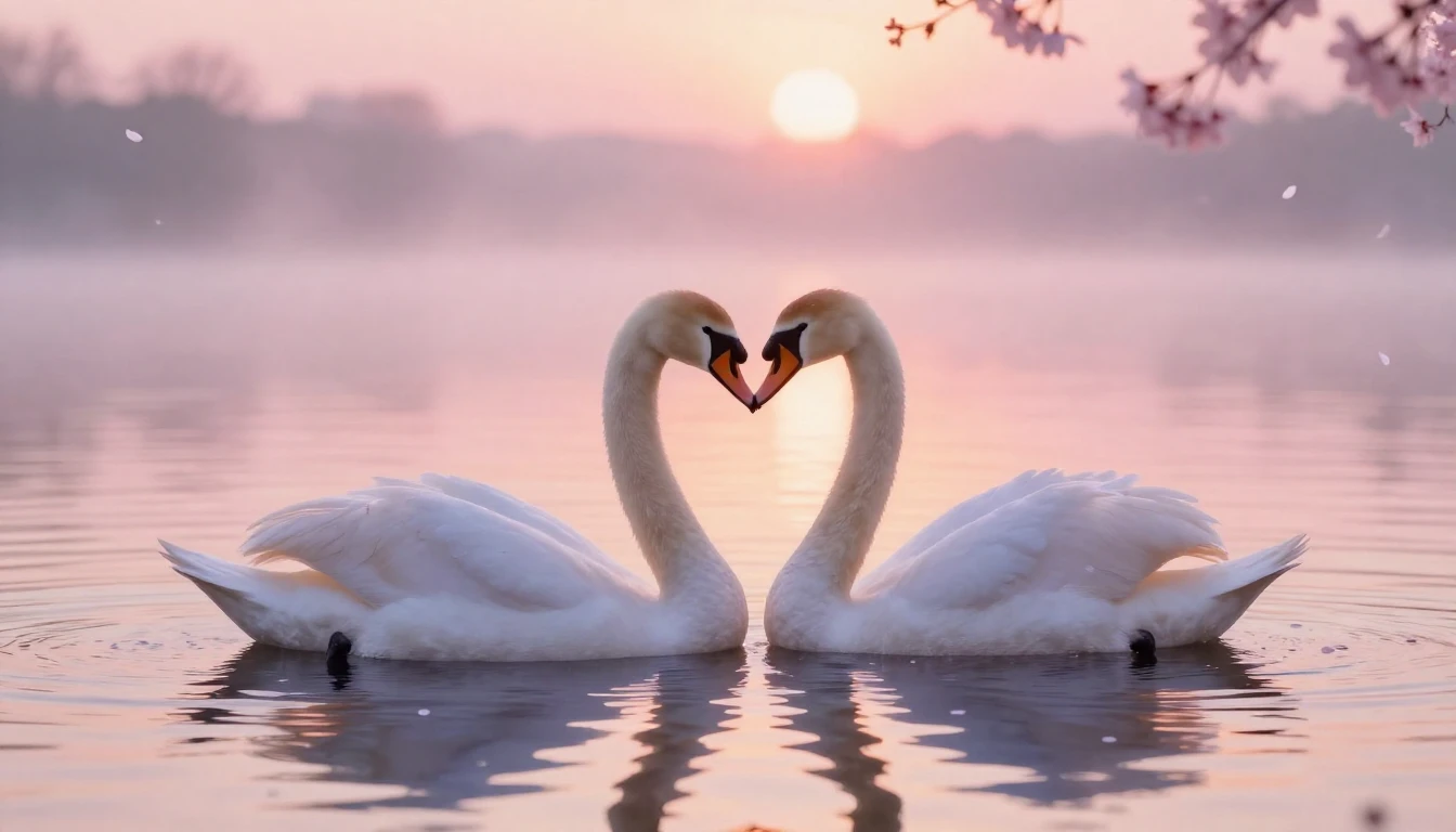 A soft and ethereal scene depicting two delicate swans formi...