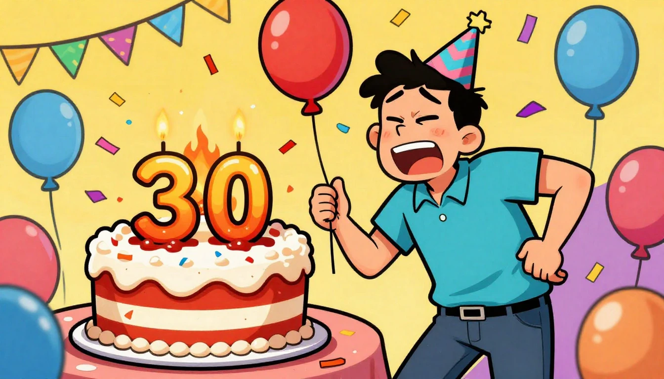 A funny, colorful cartoon illustration of a 30th birthday pa...