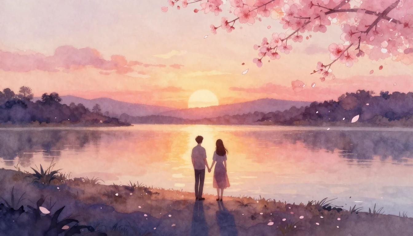 A dreamy watercolor painting of a serene landscape at sunset...