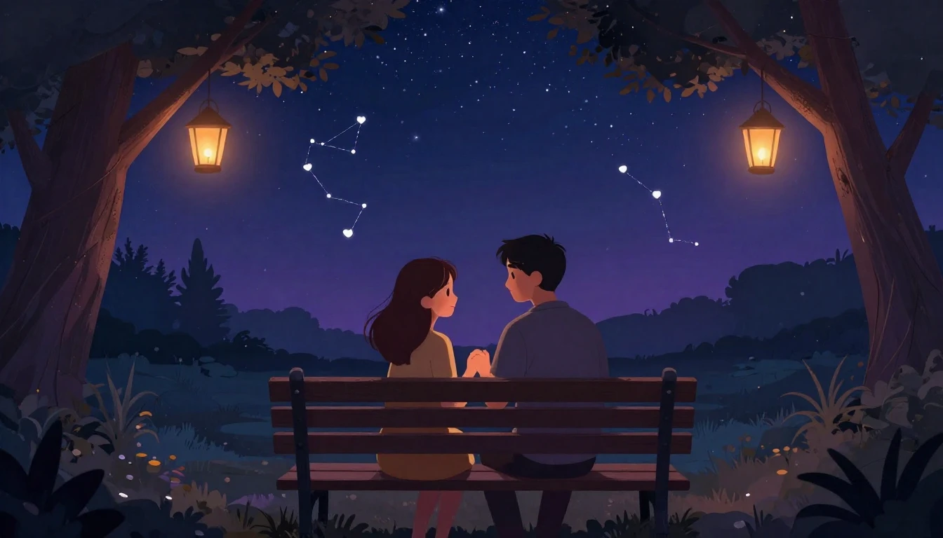 A warm, romantic illustration of a couple sitting on a bench...