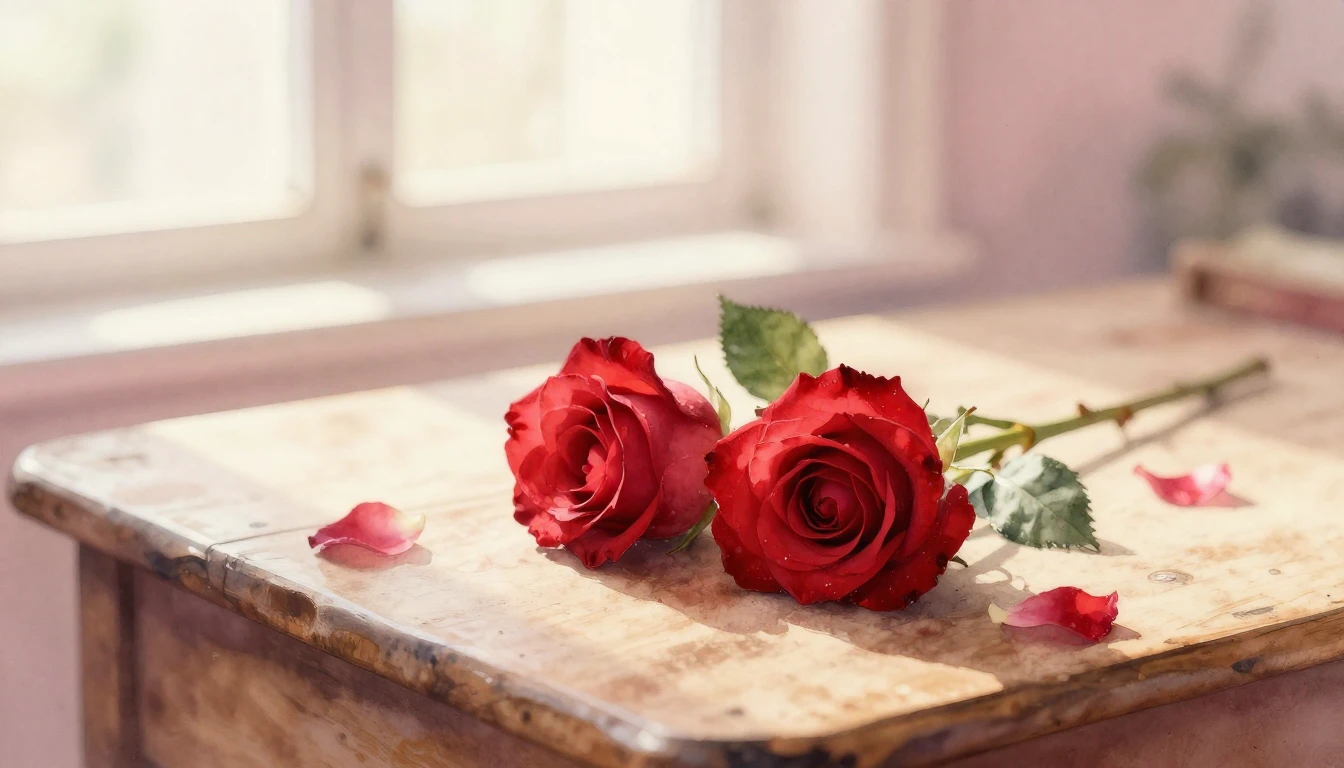 A delicate watercolor painting of two intertwined red roses ...