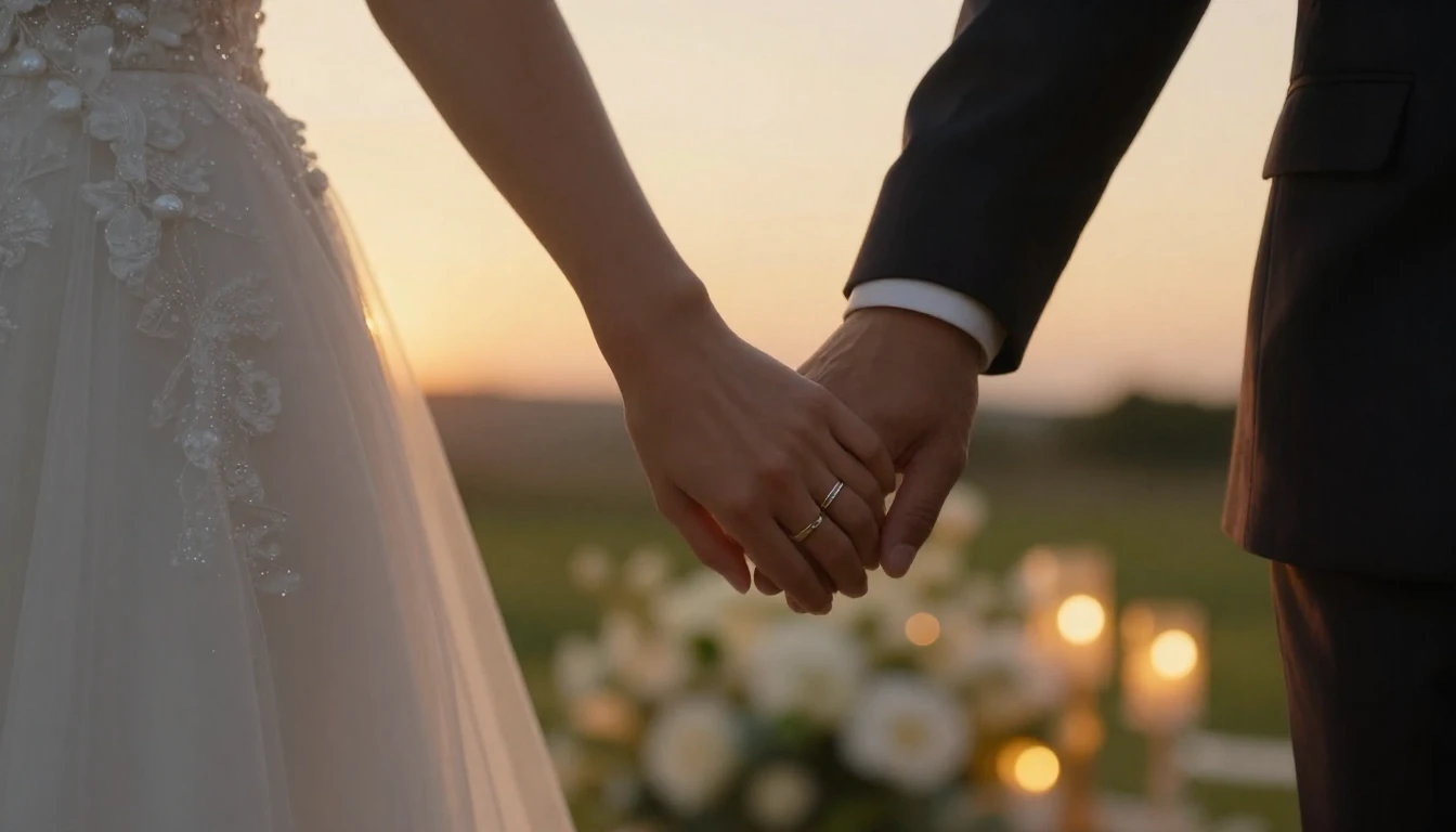 A cinematic and romantic close-up shot of a bride and groom ...