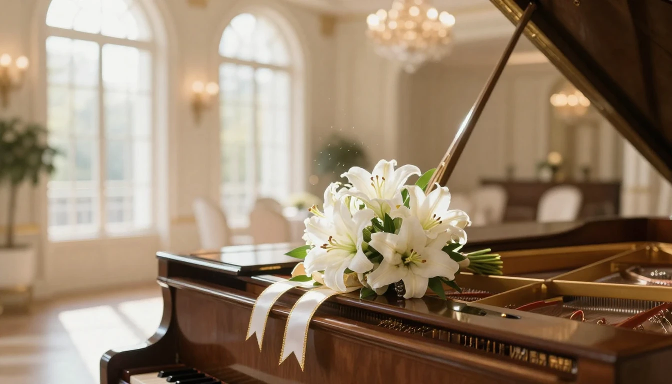 A luxurious and elegant scene featuring a grand piano in a s...