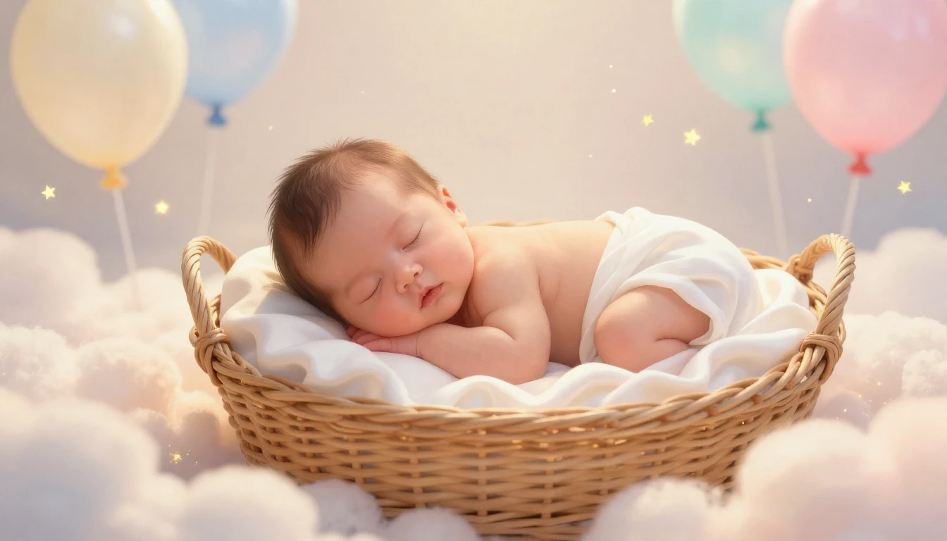 A heartwarming digital art illustration of a newborn baby sl...