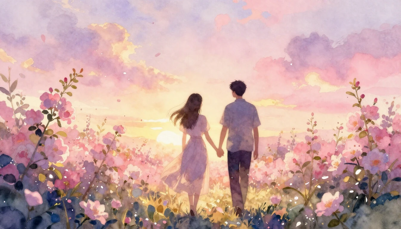 A beautiful watercolor painting of two silhouettes walking h...