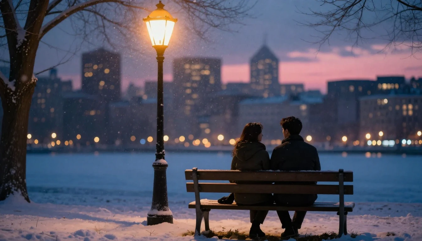 A romantic, soft composition showing two silhouettes sitting...