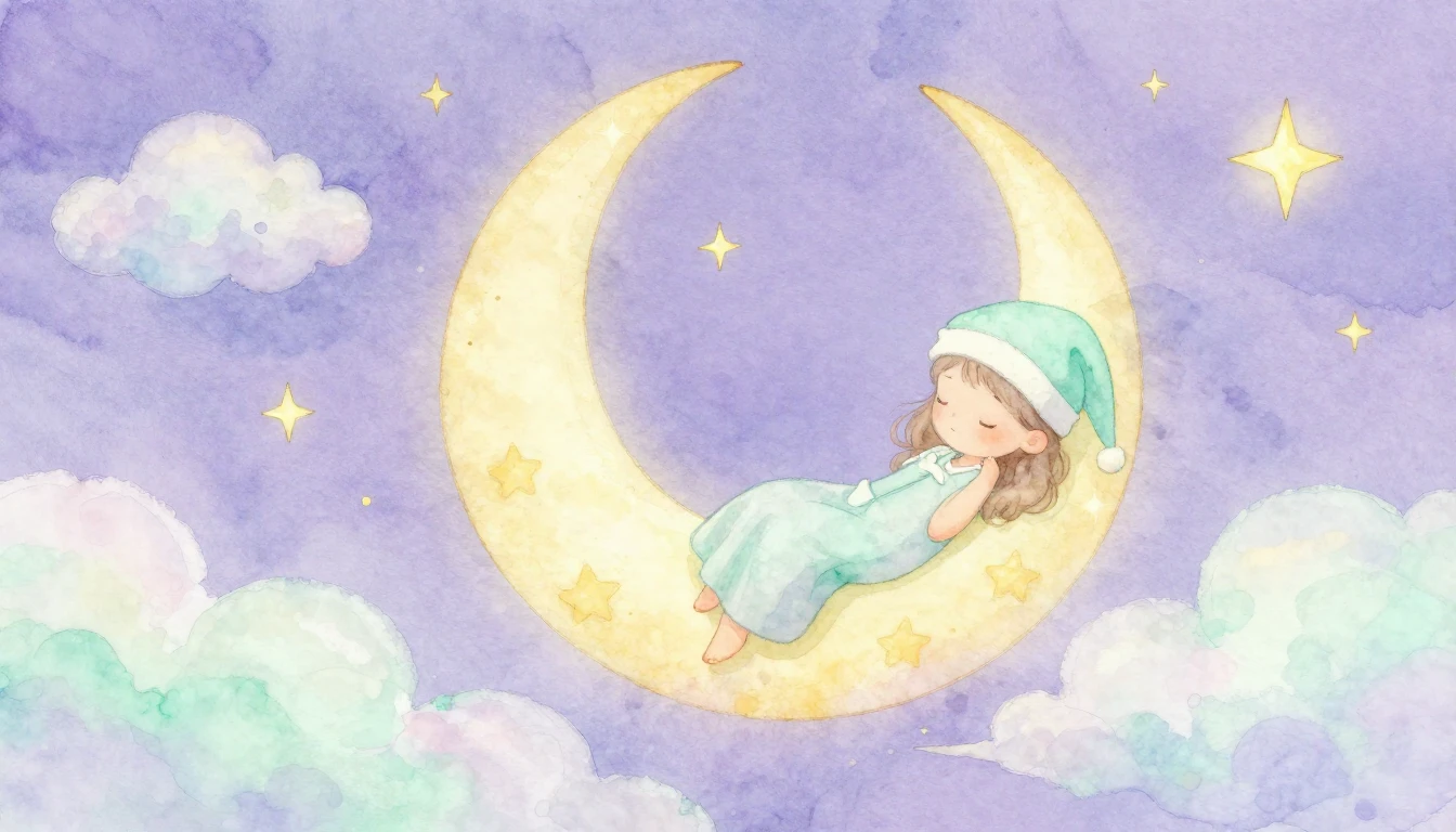 A dreamy and soft watercolor illustration of a crescent moon...