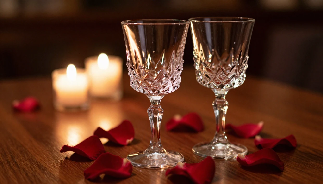A close-up shot of two elegant crystal glasses on a polished...