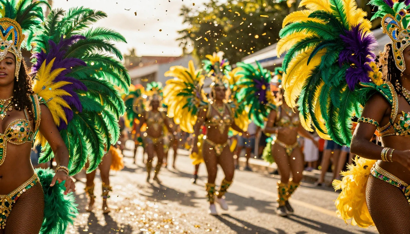 A vibrant and explosive scene of a Carnival festival. The im...
