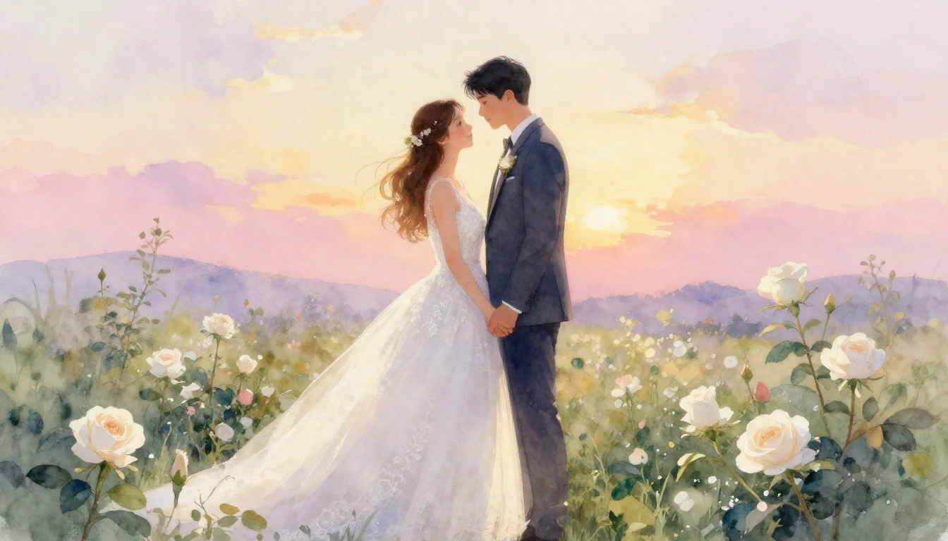 A soft and dreamy watercolor painting depicting a newlywed b...