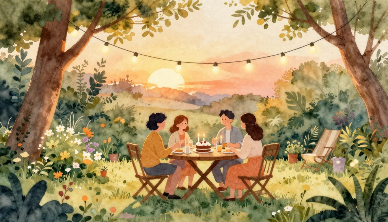 A beautiful watercolor illustration of a cozy outdoor garden...