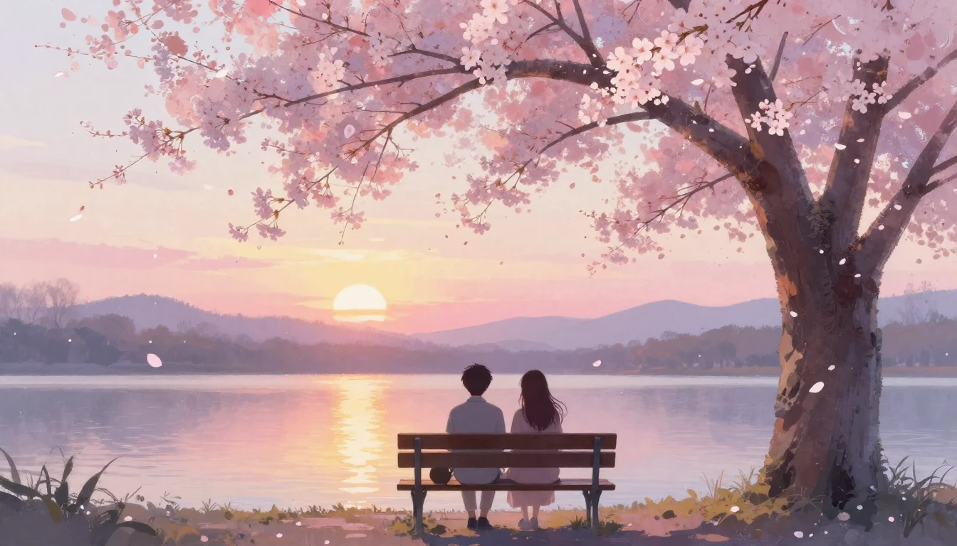 A dreamy and romantic scene featuring two silhouettes of lov...