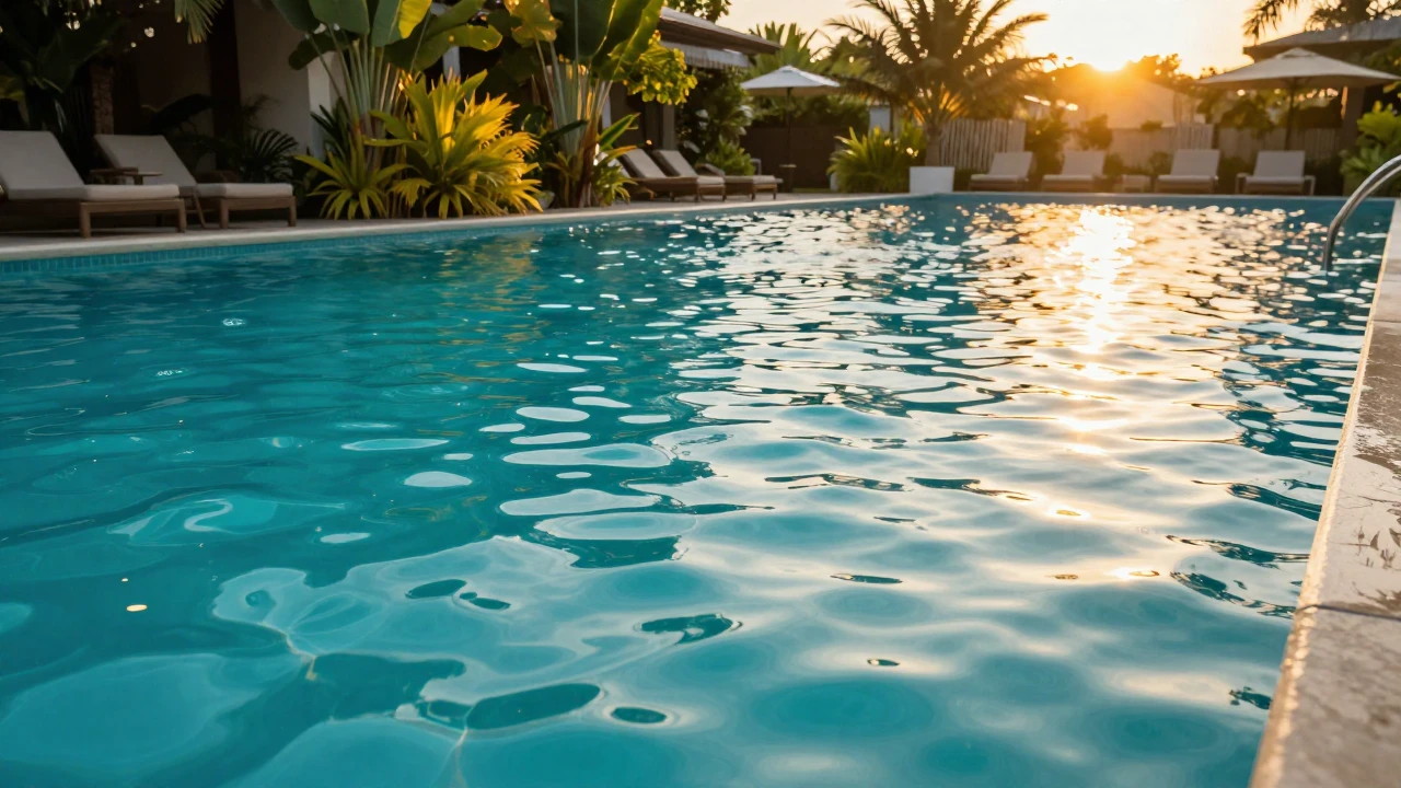 An ultra-realistic, wide-angle shot of a luxurious swimming ...