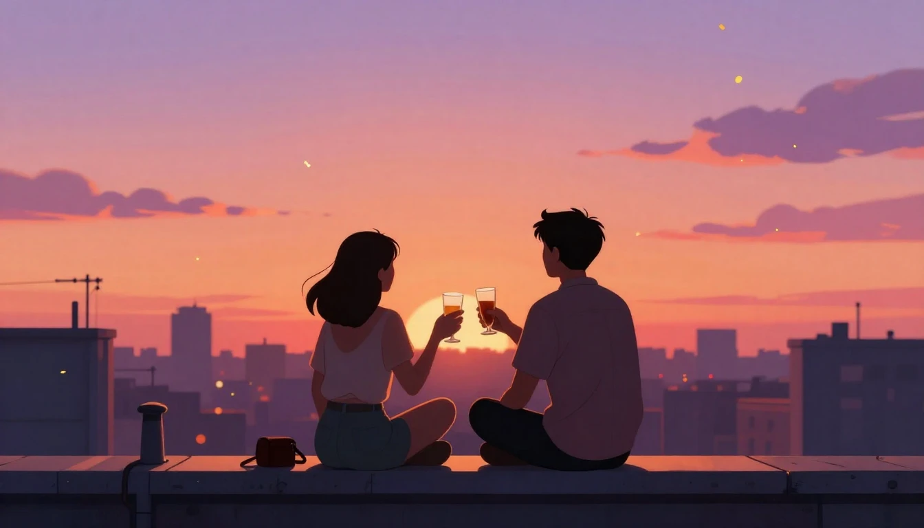 A heartwarming illustration of two friends sitting on a roof...