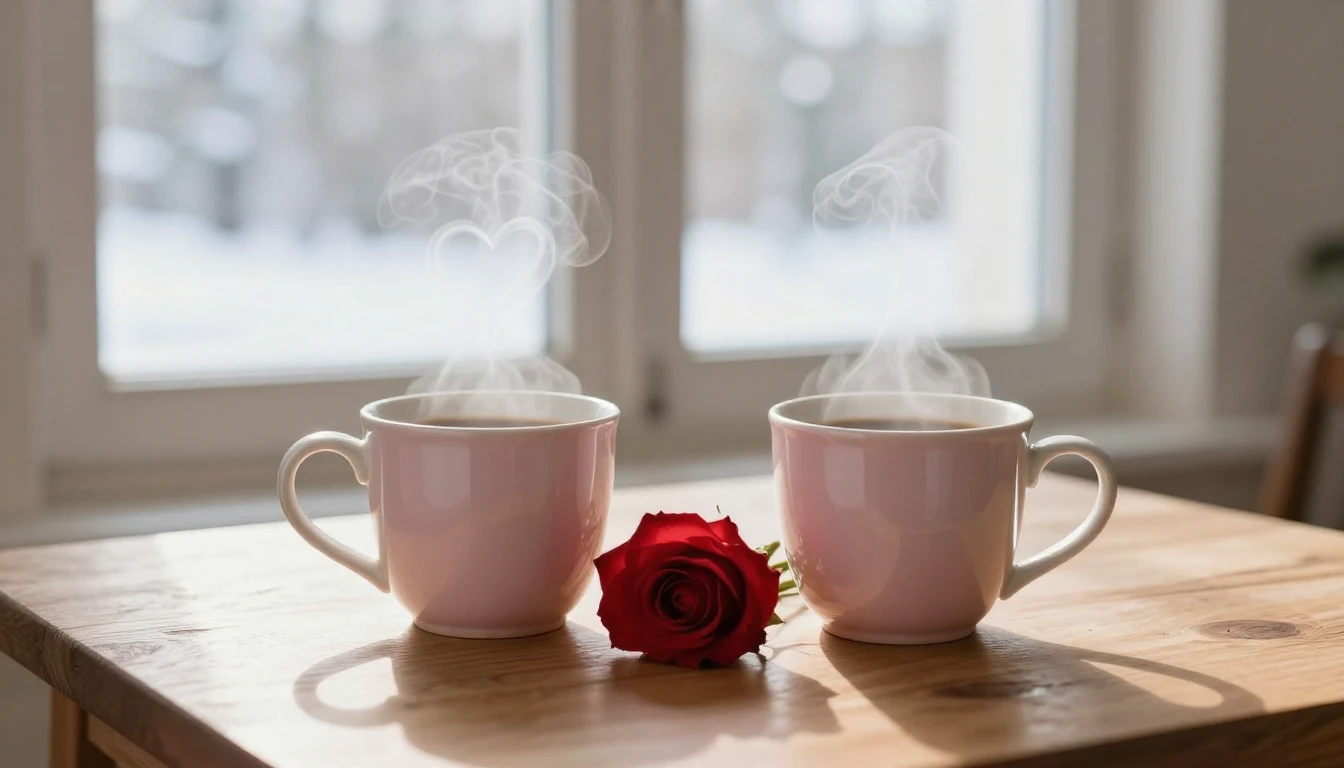 A soft and romantic composition depicting a cozy wooden tabl...