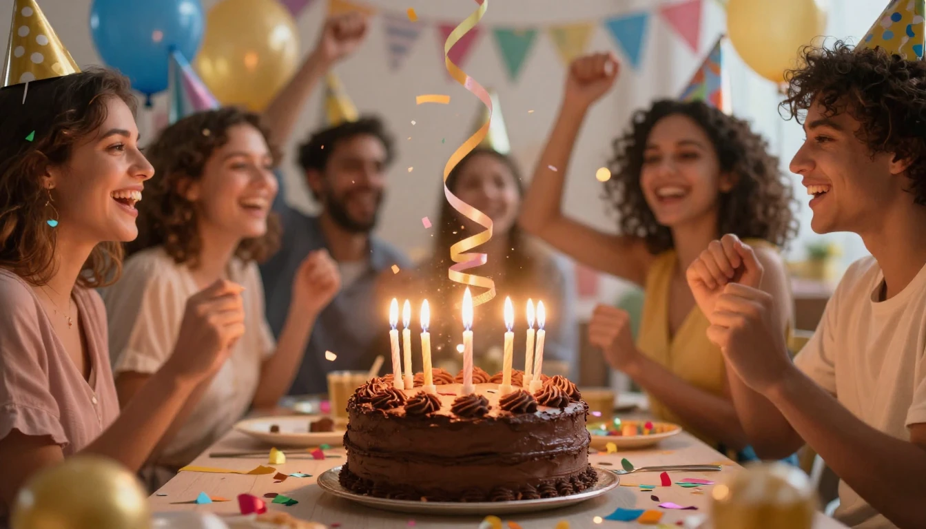 A vibrant and festive birthday celebration scene focused on ...