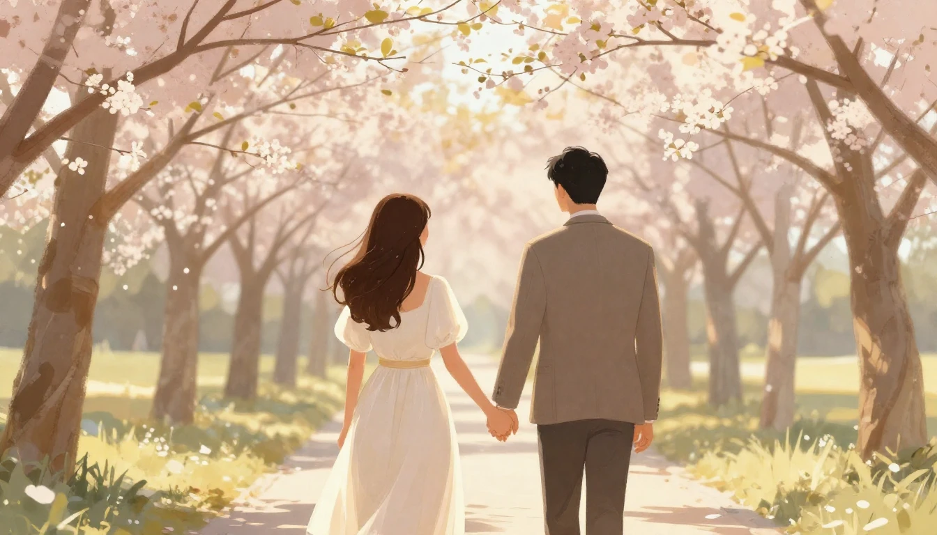 A romantic and dreamy illustration of an elegant couple hold...