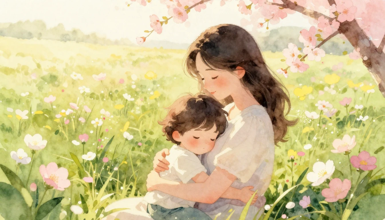 A heartwarming watercolor painting featuring a mother and ch...