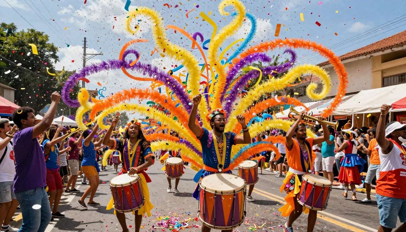 A vibrant and explosive scene of a street festival. Swirls o...