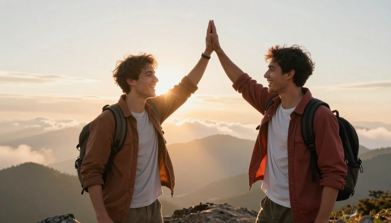 Two male friends standing on a mountain peak at sunrise, che...