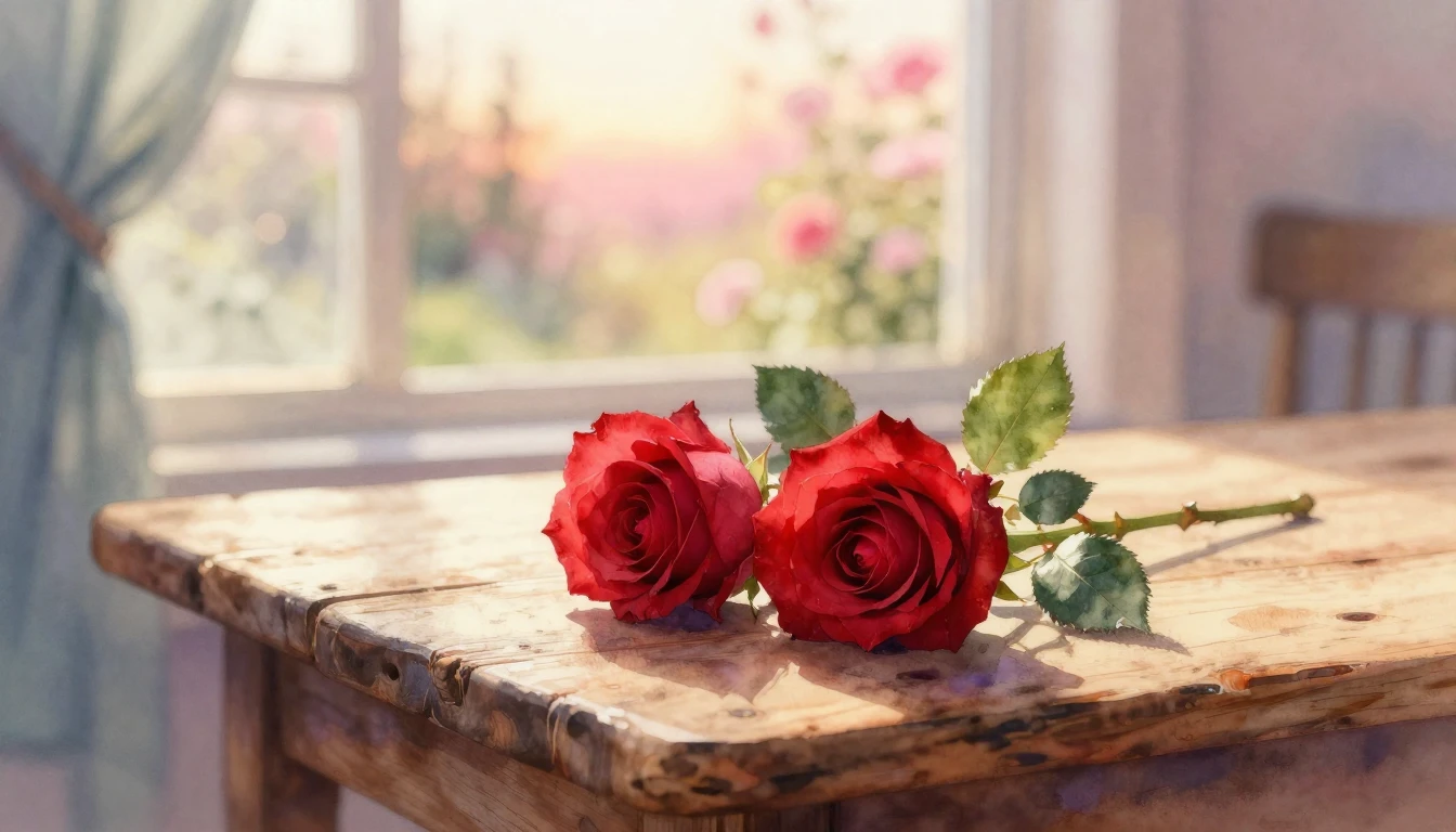A beautiful watercolor painting of two delicate red roses in...