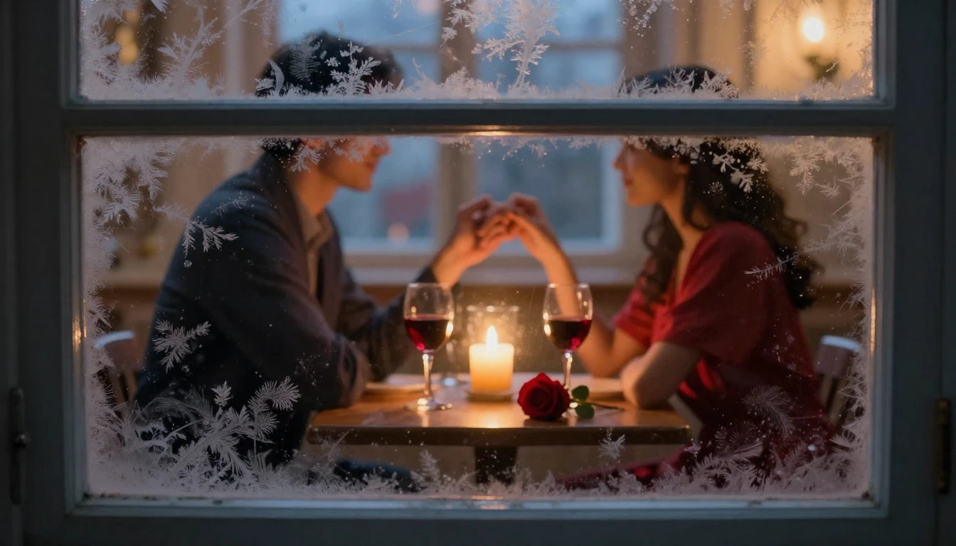 A romantic and cozy interior scene viewed through a window p...
